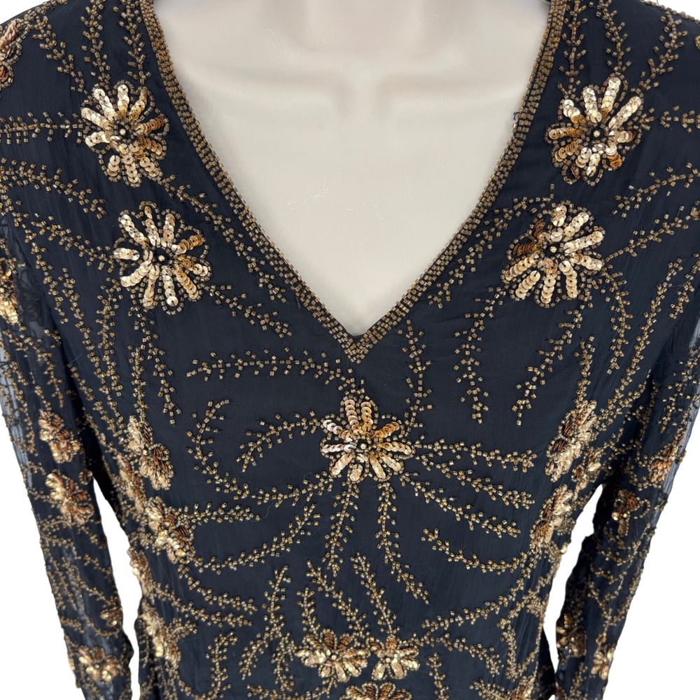 Stenay Vintage Silk Beaded Sequin Floral Blouse Black Gold Evening Top Large